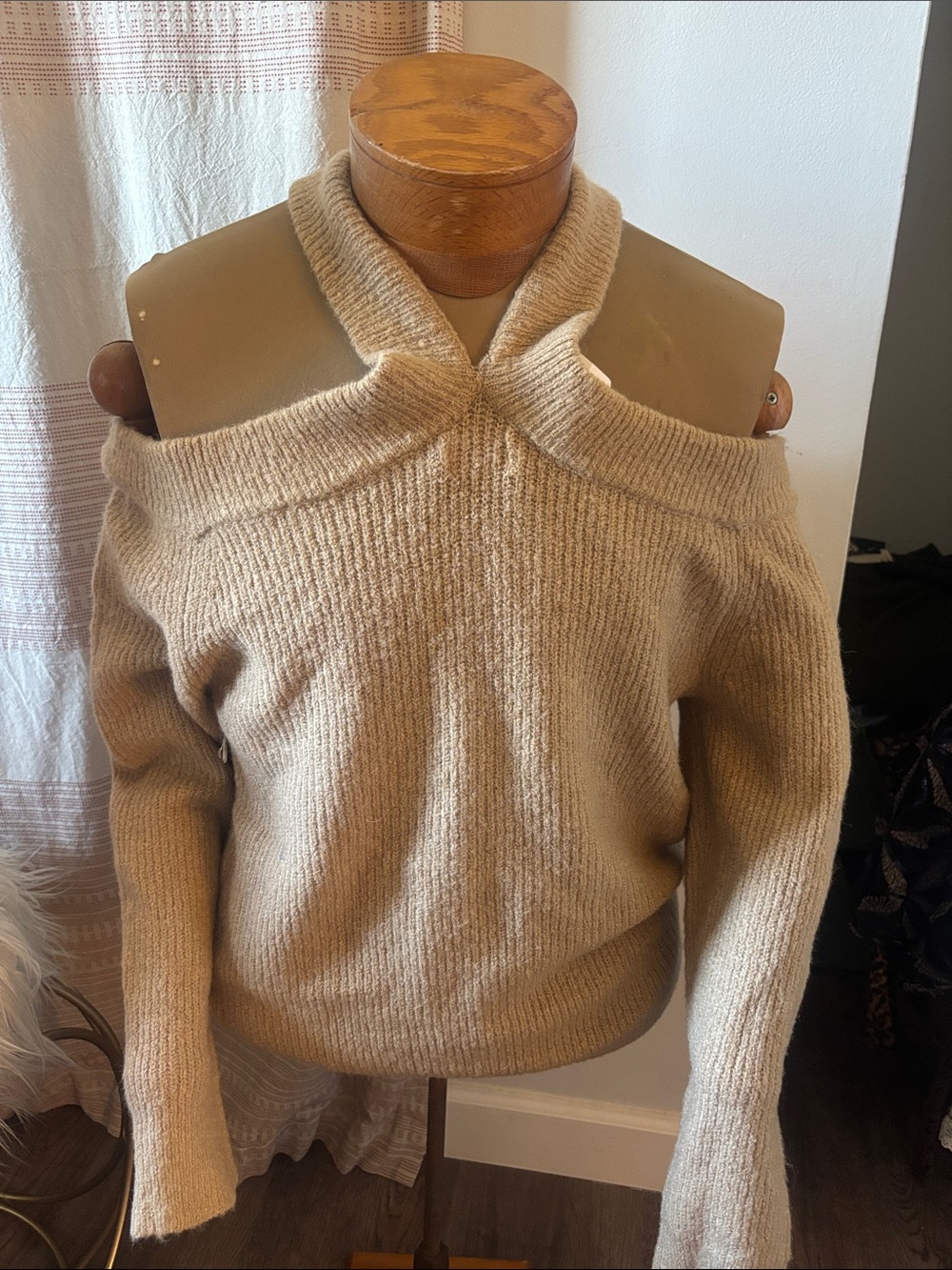 Beige Off-the-Shoulder Knit Sweater with Twist Neckline